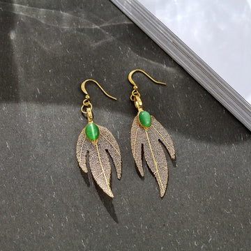 Beautiful Gold Leaf Women Earrings Green Stone Wholesale Hotselling Jewelry Dangle Pendientes brincos Hotsale Earrings for Women daiiibabyyy